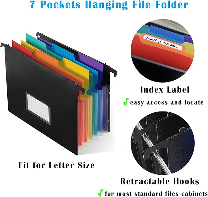 TRANBO 7-Pockets Hanging File Folder with Retractable Hooks for Filing Cabinet, Letter Size Expandable Accordion File Organizer with Elastic Band for File Frame or On-The-Go Use (6 Pack)