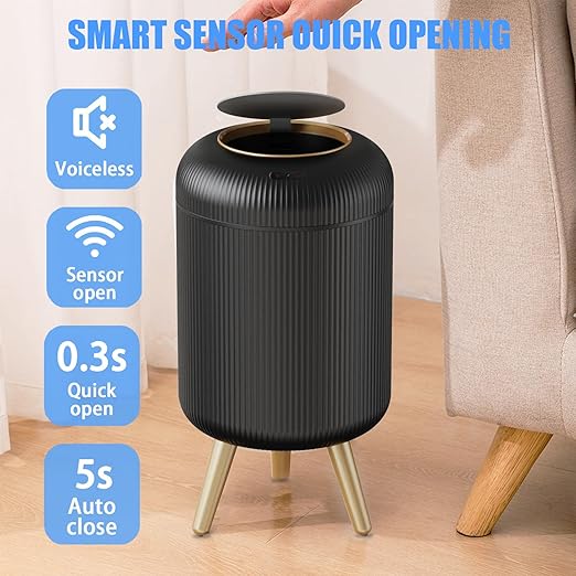 URALFA Motion Sensor Trash Can with Lid, 3 Gallon / 11 L Automatic Bathroom Trash Can, Touchless Trash Bin, Smart Plastic Garbage Can with Removable Legs for Bathroom, Bedroom, Kitchen, Office, Black