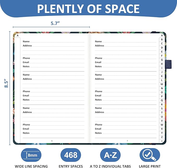 Address Book with Individual Alphabetical Tabs Laminated, Large Print Address Book with 468 Wide Lining Entry Spaces, Change of Address Labels, Hardcover Address Book 5.7 x 8.5" - Bloom