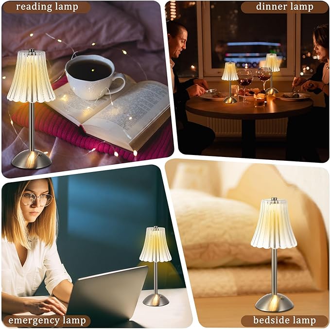 Liliful 2 Pcs LED Portable Cordless Table Lamp Touch Battery Operated Rechargeable Gold Desk Lamp 3 Color Dimmable for Bedroom Living Room Dining (Silver,Rose Style)