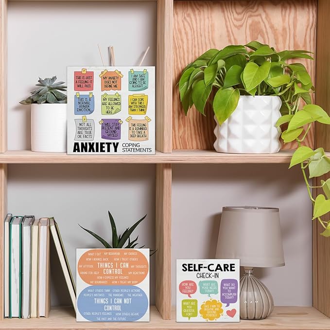 3 Pcs Mental Health Wood Signs Decor Psychology Wood Block Signs Anxiety Coping Statements Things I Can Control Self Care Wooden Box Signs Home Therapy Office Decorations for Tiered Tray Desk Shelf