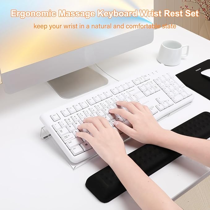 MOSISO Computer Keyboard Stand&Wrist Rest Support for Keyboard &Mouse Pad Set, Ergonomic Massage Wrist Rest Set, Easy Typing Working Acrylic Clear Stand for Office Home, Black