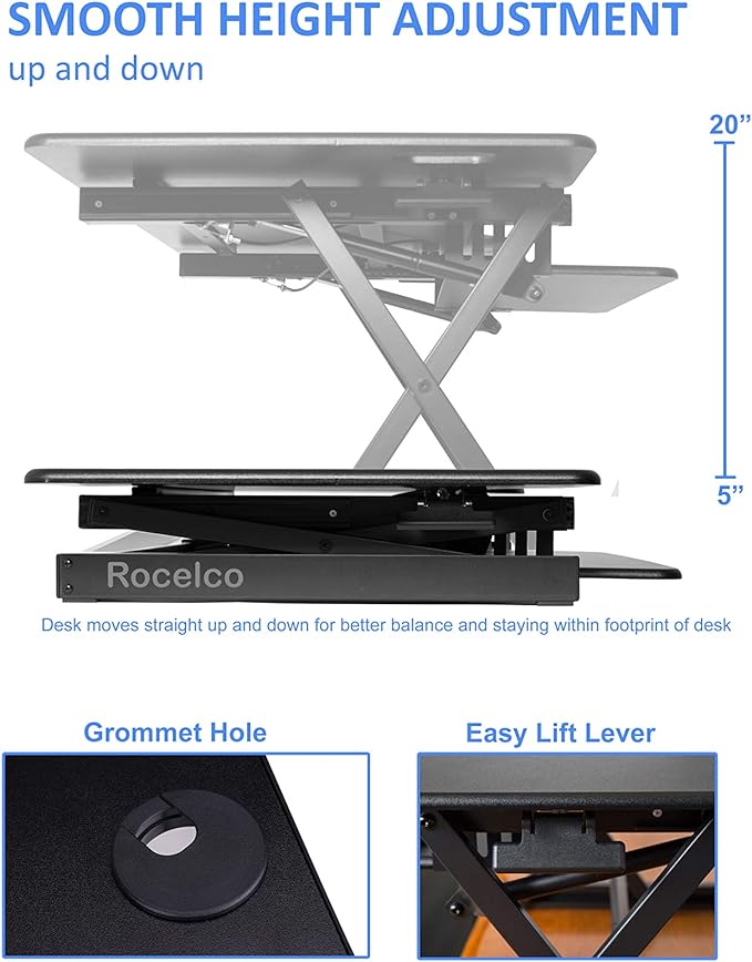 Rocelco 46" Large Height Adjustable Standing Desk Converter with Dual Monitor Mount Arm BUNDLE - Quick Sit Stand Up Computer Workstation Riser - Retractable Keyboard Tray - Black (R DADRB-46-MA2)