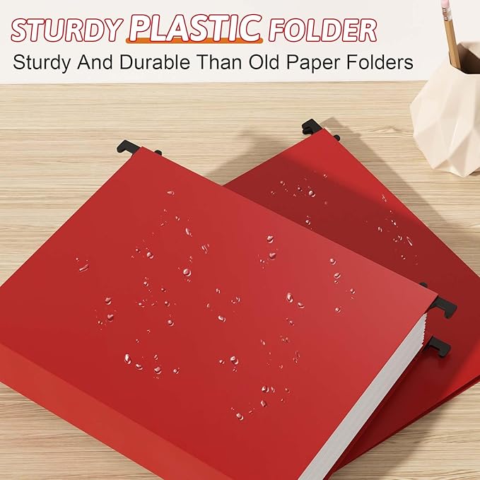Plastic Hanging File Folder Extra Capacity,12 Pack Reinforced Hang Folders with Heavy Duty 2 Inch Expansion,Filing Cabinet Folders Letter Size,Hanging Organizer Designed for Bulky Files(Red)