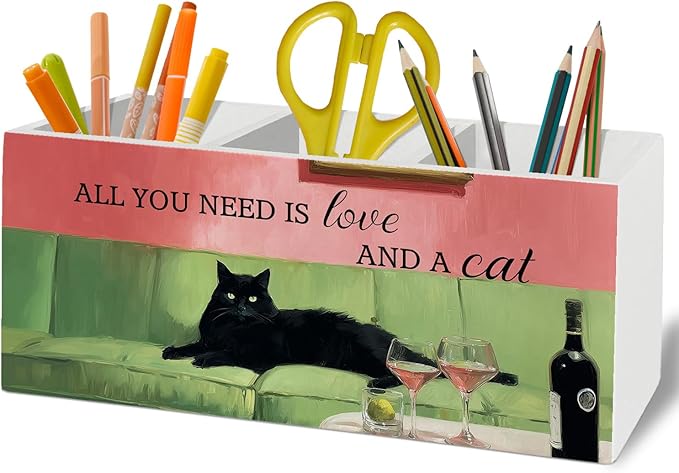 Funny Black Cat Cocktail Pen Pencil Holder Organizer for Desk Accessories, Trendy Whimsical Kitten Martini Wooden Box Sign Desk Decor for Office Decoration, Black Cat Gifts