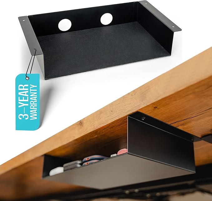 Under Desk Storage Shelf - Carbon Steel Under Desk Tray with Cable Management, Mountable Add-On Shelf for Table & Office Desks (13" x 8" x 2.8")