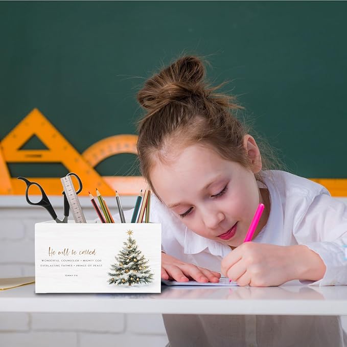 Christian Christmas Tree Pen Holder for Desk, Isaiah 9:6 Bible Verse Wooden Box Sign Desk Decor for Home Office Decoration, Glitter Xmas Tree Pencil Organizer, Christian Christmas Decor