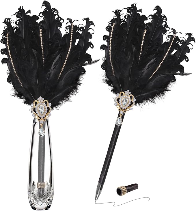 CROWN GUIDE Luxury Feather Quill Pen with Shiny Rhinestones & Curled Goose Feathers- Wedding Guest Book Pen, Great Gatsby/HP Party Supplies, Bridal Shower Gift with Rose Gold Heart Charm (13.8",Black)