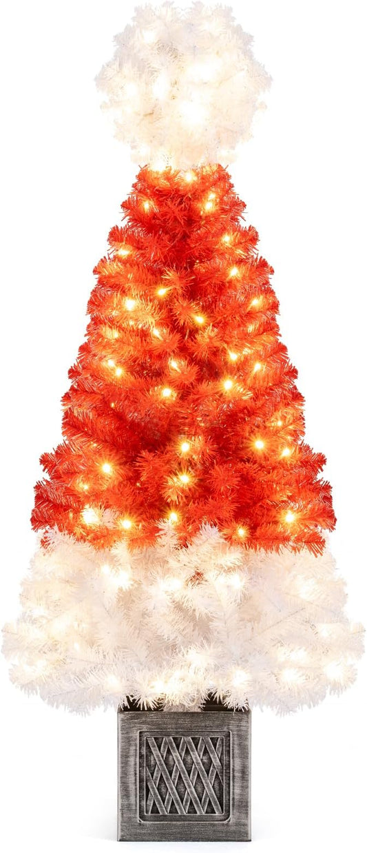 Goplus 4 FT Pre-Lit Christmas Tree for Entrances, Artificial Potted Santa Hat Xmas Tree with 300 Branch Tips, 100 Warm White LED Lights, Retro Flowerpot, Front Door Porch Home Decoration