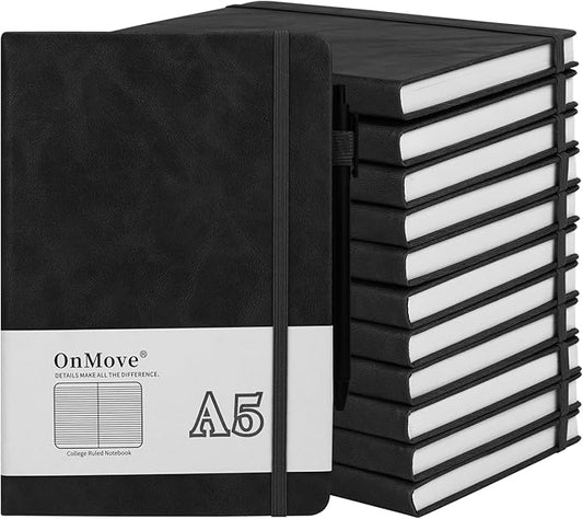 Notebooks Journal for Women Men 12 Pack Bulk Leather Hardcover with Pen Holder A5 160 Pages 100 GSM Thick Paper for Work School Lined Black