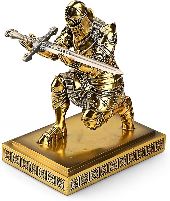 King's Guard Knight Pen Holder Pen Stand Desk Organizers and Accessories Resin Pencil Holder as Gift with a Metal Sword Letter Opener for Office and Home (Bronze(Plating))