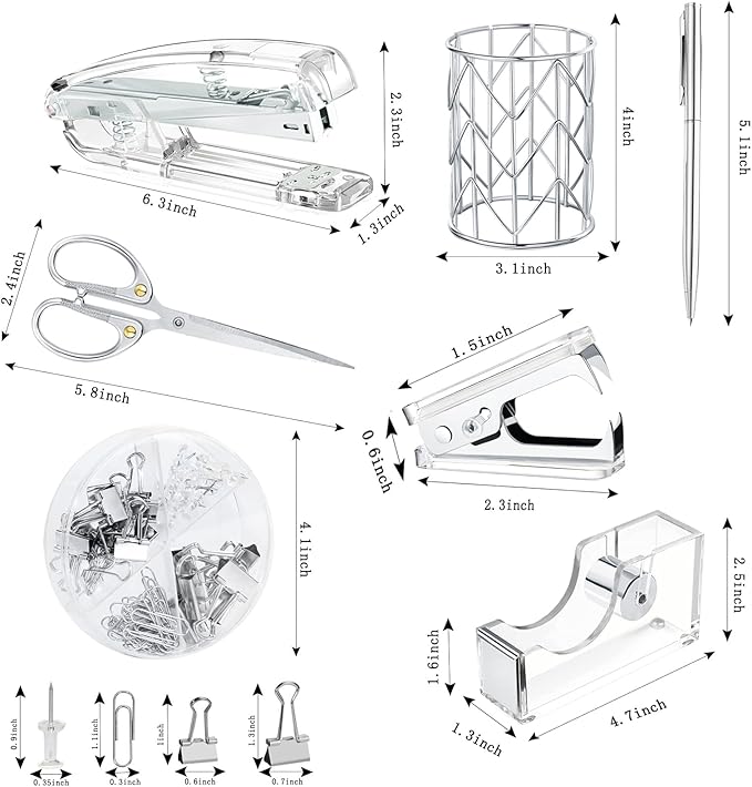 Office Desk Accessories，Office Supplies Set Acrylic Stapler Set Staple Remover, Tape Holder, Pen Holder, 2 Ballpoint Pen, Scissor, Binder Clips, Paper Clips and 1000pcs Staples(Silver)