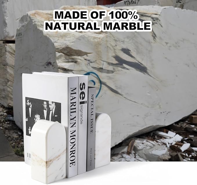 Koville Natural Marble Bookends for Shelves, Decorative Book Ends, 7lbs Heavy-Duty Marble Book Holders, Bookshelf Apartment Decor for Normal Books/CD/Video Games Calacatta