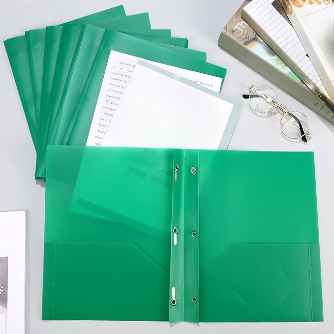 Patelai 48 Pcs Plastic Folders with 2 Pockets and 3 Prongs Home Folders with Card Slot Letter Size Heavy Duty Report Covers for Back to School(Green,Classic)
