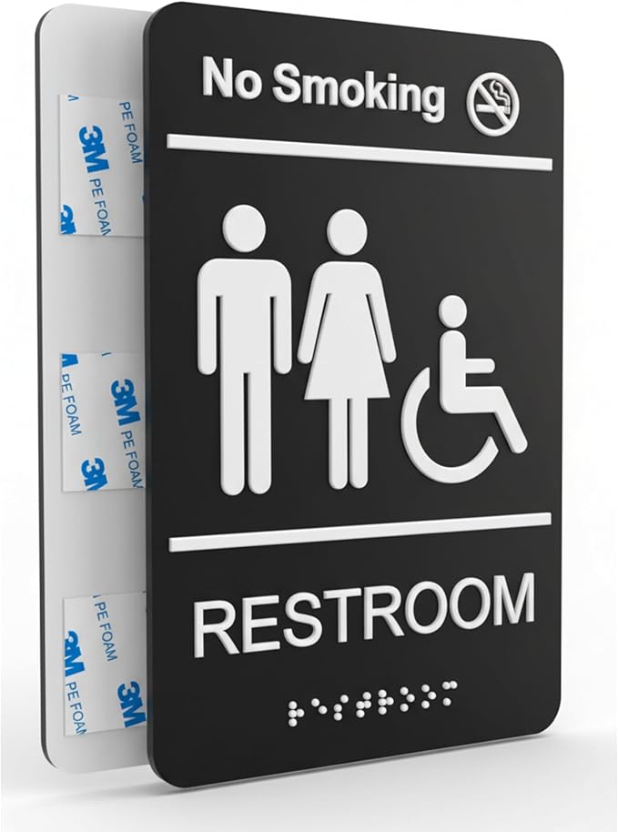 Unisex Restroom signs for business with No Smoking Sign, Brushed Acrylic Bathroom Signs, ADA Compliant with Grade 2 Braille, Raised Icons, Double Sided 3M Tape for Office Toilet Door & Wall 6x9" (1 Pack Restroom Sign)