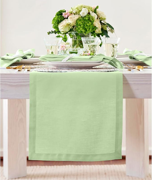 Solino Home Linen Pastel Green Table Runner 48 Inches - 100% Pure Linen Farmhouse Short Table Runner 14 x 48 Inch Ideal for Dresser and Coffee Tables - Fete