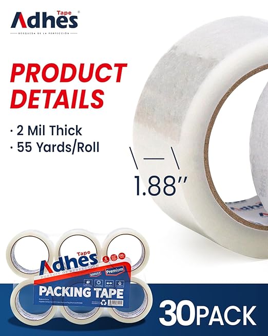 ADHES Heavy Duty Packing Tape, 30 Rolls, 1.88 Inch x 55 Yards, 2 mil Shipping Tape Refills, Packaging Tape, Box Tape for Moving, Shipping, Mailing and Sealing