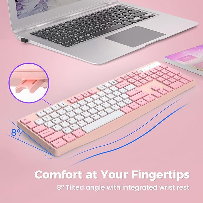 Lovaky Wireless Keyboard, 2.4G Ergonomic Wireless Computer Keyboard, Enlarged Indicator Light, Full Size PC Keyboard with Numeric Keypad for Laptop, Desktop, Surface, Chromebook, Notebook,PinkWhite
