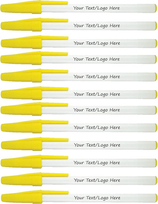Personalized Stick Pens With your Custom Logo or Text-500 Pack Bulk-for Businesses, Parties, and Events, Custom Printed Slim Ballpoint Pens with Cap, Yellow, Black Ink