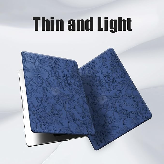 DTangLsm for MacBook Air 15 inch Case 2025 2024 2023 2022 M4 M3 M2 A2941 A3114 A3241, Elegant Textured Retro Leather Hard Shell Case for MacBook Air 15" M4 Cover + Keyboard Skin, Blue Embossed Floral