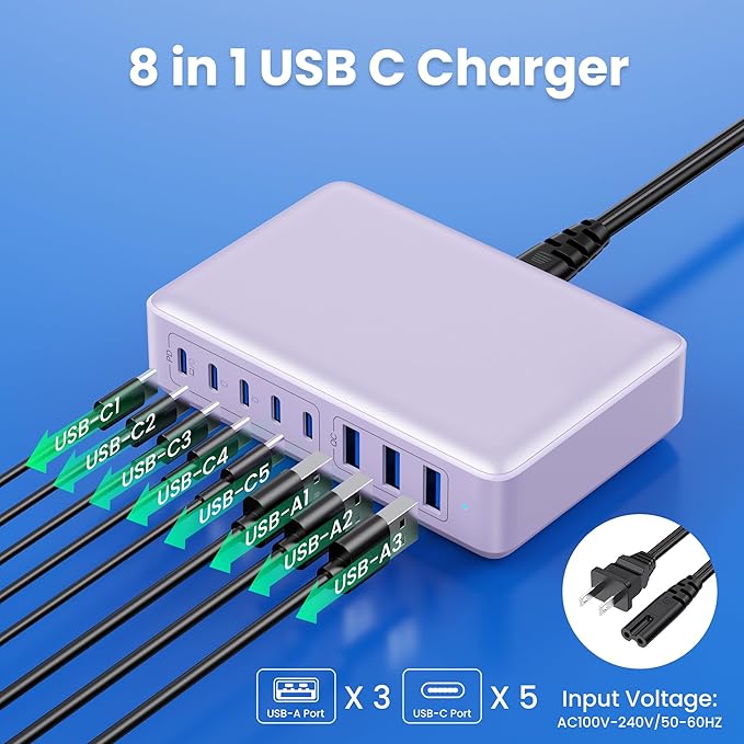 USB C Charger 300W USB C Charger Block 8-Ports GaN IV Fast Charging Station,PD 100W Laptop Charging Hub Wall Adapter Compatible with MacBook/Air,DELL,Steam Desk,iPhone 16/15/14,Galaxy S24 etc