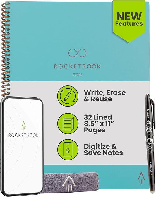 Rocketbook New Core Reusable Spiral Notebook, Letter Size 8.5x11, Teal - Lined Pages, App-Connected, Erasable, Durable Cover, Ideal for School, Work, and Creative Projects