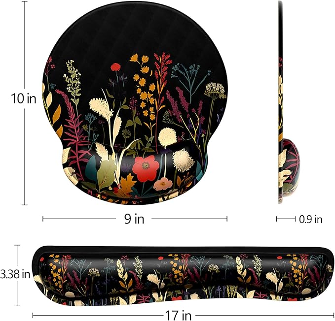 Dapesuom Keyboard Wrist Rest and Mouse Pad with Wrist Support, Cute Memory Foam Cushion for Keyboard and Mouse Set, Desktop Pad Rests with Non Slip Base for Easy Typing & Pain Relief, Floral Cartoon