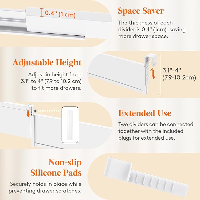 Lifewit Hanging Kitchen Drawer Dividers 3.1" High, 10-17" Adjustable Drawer Organizers for Utensils, Expandable Dresser Separators in Kitchen/Bedroom/Bathroom/Vanity/Office, White(8 Pack)
