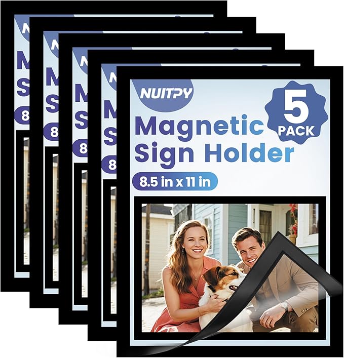5 Pack Magnetic Sign Holder, 8.5in x 11in Self Adhesive Wall Mount Magnetic Document Holder, Magnetism Border Sign Holder with Transparent PVC Front Cover