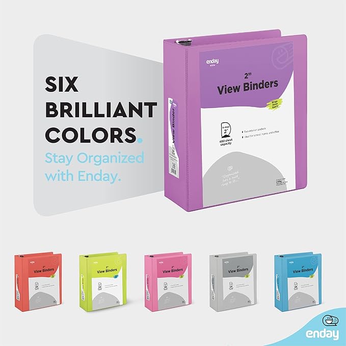3 Slant D-Ring Binder 2 Inch Binder Purple, 2 in Clear View Cover w/ 2 Inside Pockets, Heavy Duty Colored School Supplies Binders Also Available in Blue, Pink, Red, Green, Grey (6 PC)–by Enday