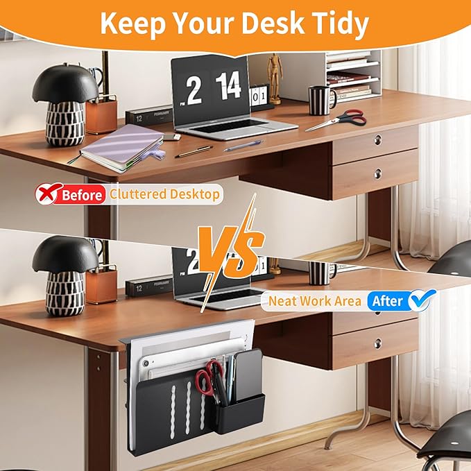 Desk Side Storage with Pen Holder, No Drill Hanging Desk Organizer Under Desk Storage Mount, Clamp-On Laptop Holder Table Side Tray Desktop Organization for Office and Home (Black)