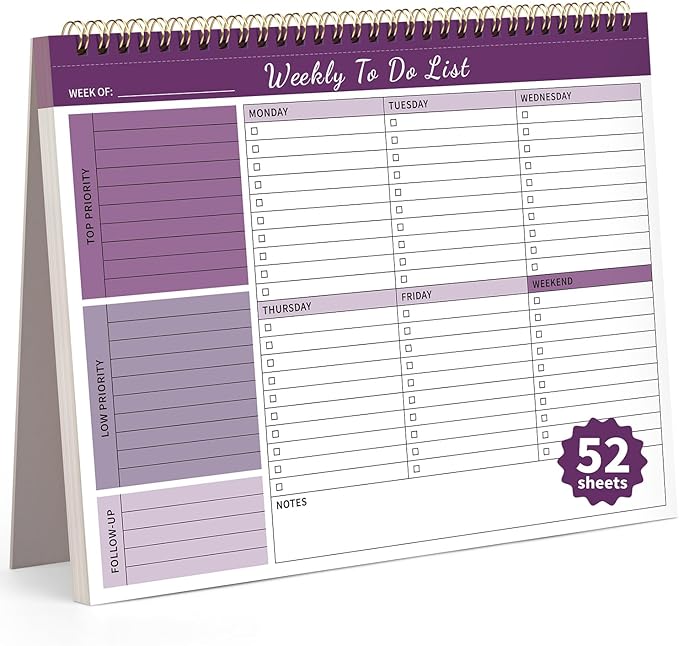 Weekly To Do List Notepad, 52 Undated Sheets （8.5"×11") Duplex-printed Weekly Planner Notepad For Work Home School Office Desk Accessories Supplies & Goal Setting Tasks - Purple