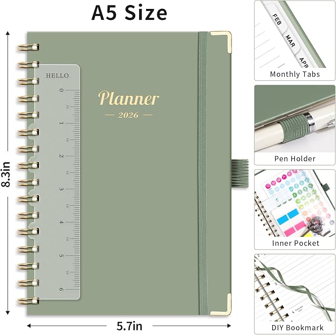 AHGXG 2026 Planner, Weekly and Monthly, 2026 Calendar, Jan 2026 - Dec 2026, Hardcover with Monthly Tabs, 100 GSM Thick Paper, for Women School Home Office Supplies, 6" X 8.38", Sage Green