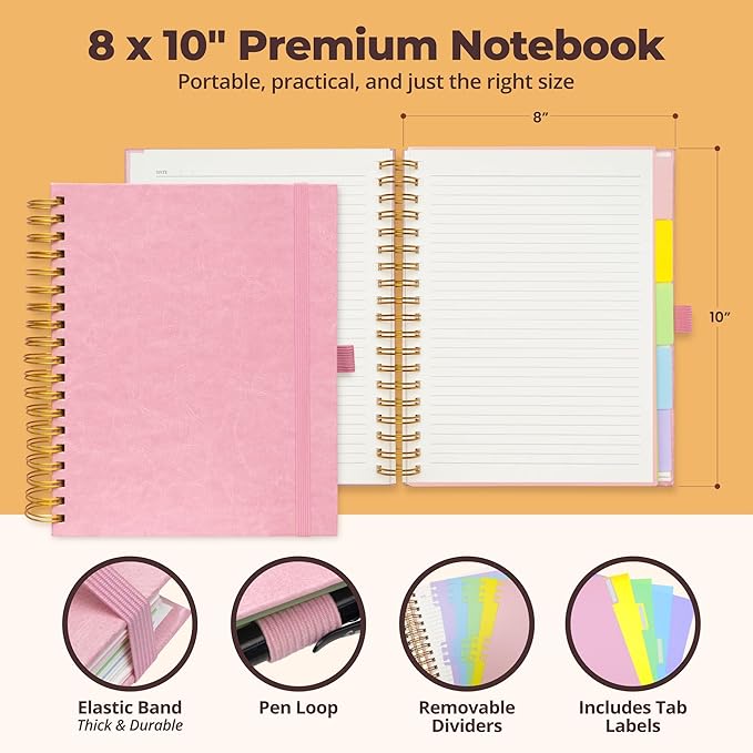 Hardcover Leather Lined Spiral Notebook 8x10" with Removable Dividers - Pink - 300 Pages 5 Subject College Ruled Notebook for Work with Tabs, Pockets, and Pen Loop for Note Taking, Large Journal