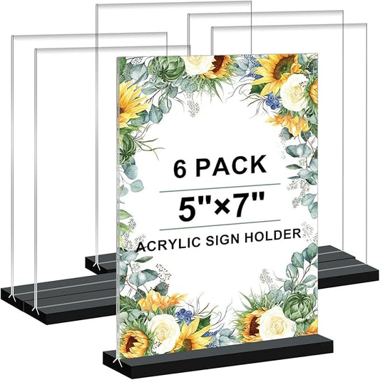 Acrylic Sign Holder 5x7, 6-Pack Plastic Clear Vertical Double-Sided Menu Display Stand with Double-Sided Display, Perfect for Restaurants, Offices, Exhibits
