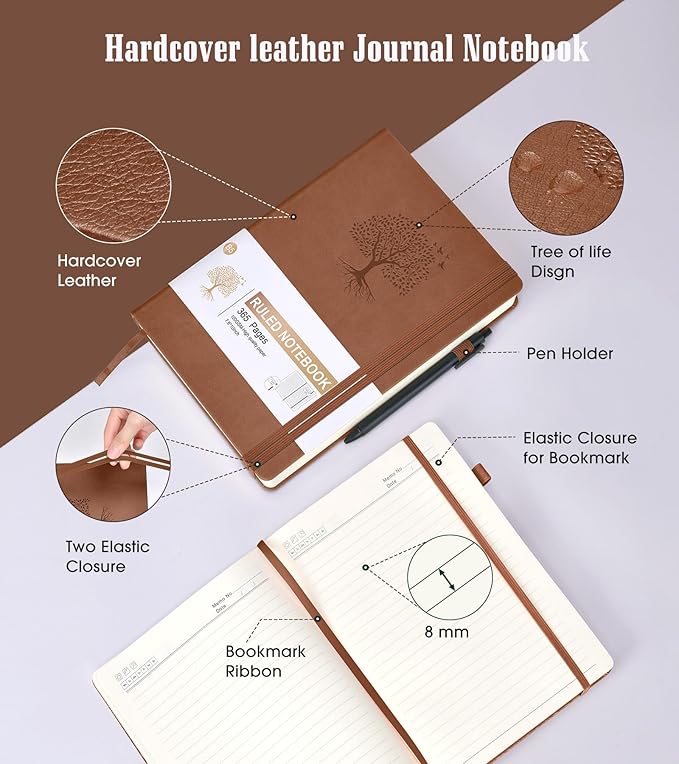 Lined Journal Notebook -365 Pages B5 Large Journal for Writing Men Women, College Ruled Notebook, Hardcover Leather Journal, Daily Notebook for Work, Note Taking, 100Gsm Paper (7.6'' X 10'' Brown)