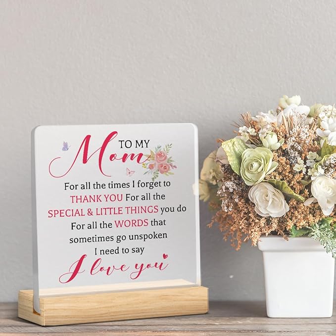 Mother's Day Gifts for Mom from Son Daughter I Love You Thank You Mom Birthday Gifts Office Desk Decor for Home Acrylic Sign Christmas Gift