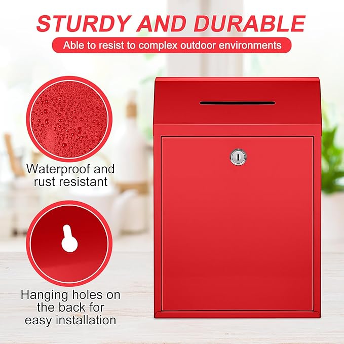Metal Donation Cash Box Collection Safe Suggestion Box with Lock Wall Mounted Mailbox Delivery Ballot Container for Home Office Outdoor Door