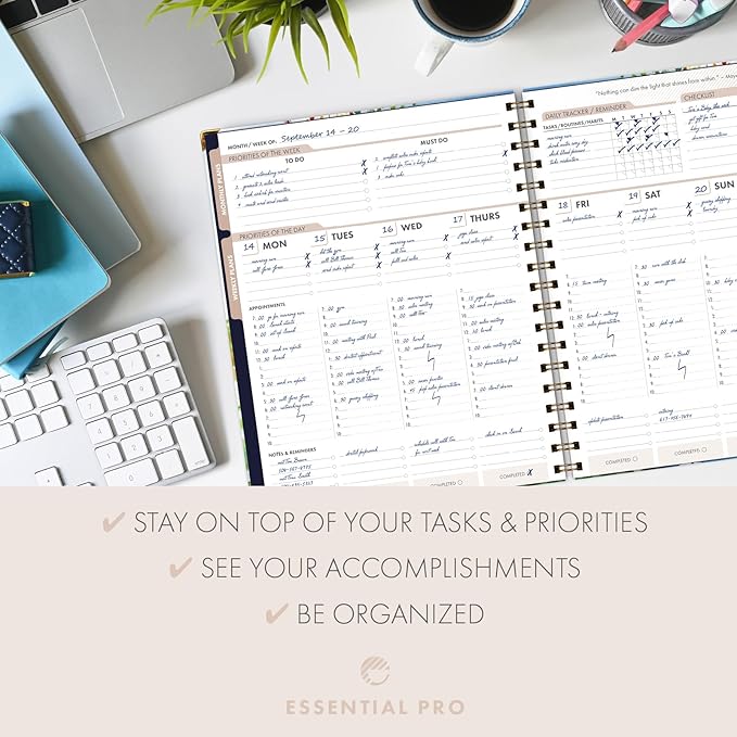 ESSENTIAL PRO Undated Daily, Weekly & Monthly Planner,Monthly Tabs,Daily Tracking,Notes Pages,Storage Pocket,Bookmark w Sticky Notes (Tree Seasons)