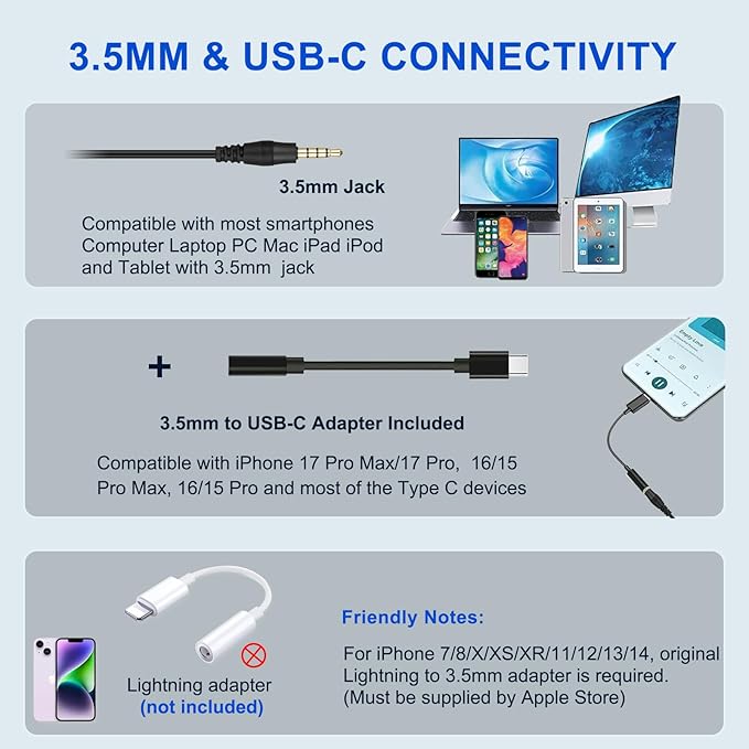 Callez Computer Headset, 3.5mm Cell Phone Headset with Mic Noise Cancelling, USB-C Wired Headphone for PC Laptop Mac iPhone Samsung Zoom Teams Call Center Home Office Work, in-line Controls