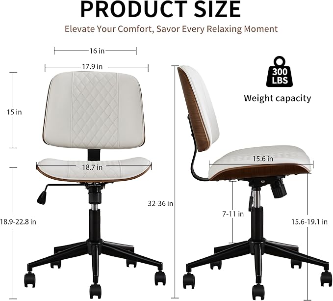 Small Home Office Chair - Armless Mid Back Desk Chair with 360° Swivel and Wheels, PU Upholstered Height Adjustable Modern Walnut Computer Chair for Home, Office Meeting Room - White