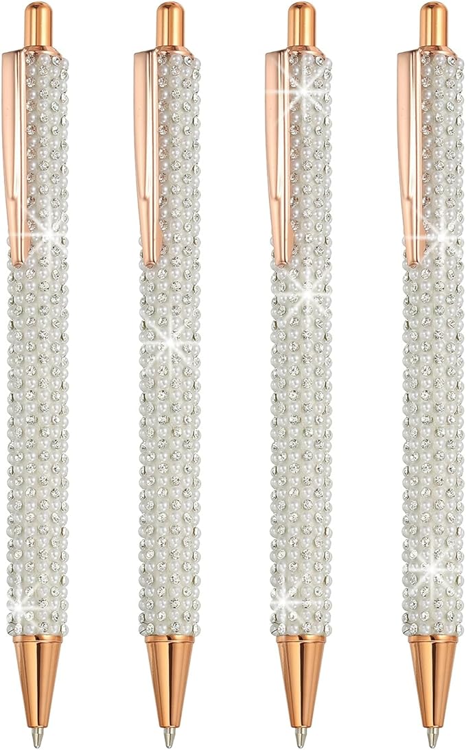 PATIKIL Rhinestone Metal Ballpoint Pen, 4 Pack Crystal Pearl Pens Black Ink 1.0mm Point Sparkly for Women Gift Office Note Taking Journaling, White