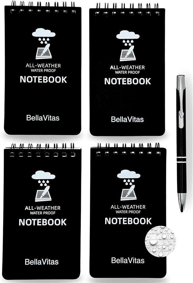 Waterproof 3x5 Notebook Pocket Notebook Small Spiral Notebooks Pocket Notepad Small Notepad 3x5 Pocket Notepad Police Notepad Tactical Notebook and All-Weather pen 4 Pack Black