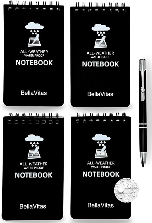 Waterproof 3x5 Notebook Pocket Notebook Small Spiral Notebooks Pocket Notepad Small Notepad 3x5 Pocket Notepad Police Notepad Tactical Notebook and All-Weather pen 4 Pack Black
