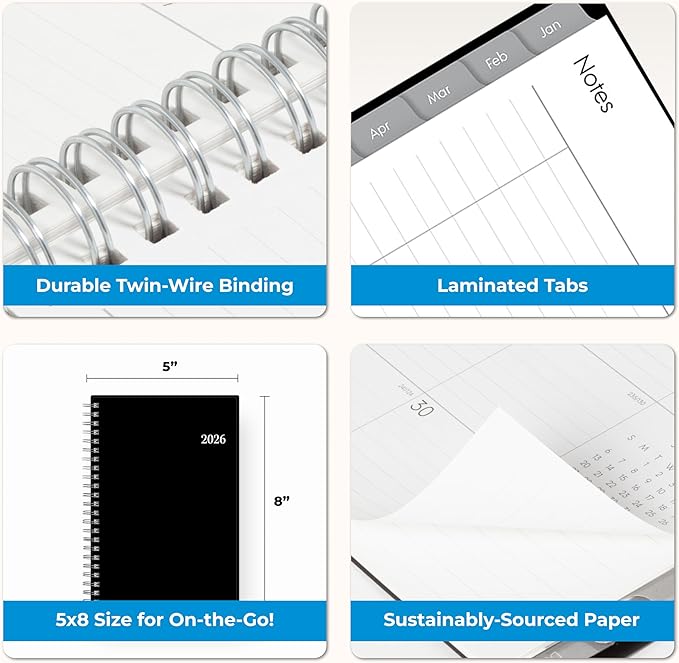 Blue Sky 2026 Weekly and Monthly Planner Calendar, Includes January 2026 - December 2026, 5" x 8", Flexible Cover, Wirebound, Laminated Tabs, Enterprise