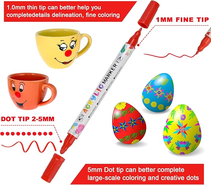 12 Colors Acrylic Paint Pens, Dual Tip Acrylic Paint Markers for Paper, Wood, Canvas, Stone, Rock Painting, Glass, Fabric, DIY, Ceramic, Art Supplies for Kids and Adults Drawing (Dot + Fine)