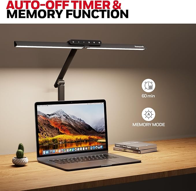 Honeywell LED Desk Lamp with Clamp - HJ1 Sunturalux Eye-Caring Clip on Lights for Home Office, 1200LM Clamp Lamp 4 Color Modes Stepless Dimming Task Desk Light for Working Black