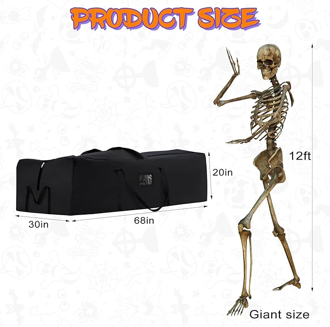 Halloween Storage Bag, Fits Up 12 Ft Skeleton-Heavy Duty Holiday Storage Box with Durable Reinforced Handles & Zipper & Pocket- 600D Oxford Christmas Tree Storage Container, Black