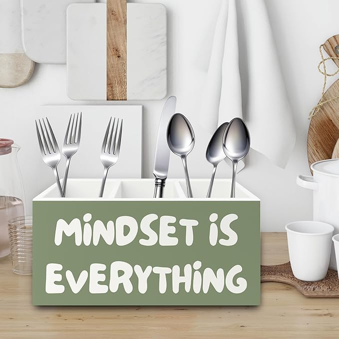 Green Inspirational Pen Pencil Holder Organizer for Desk, Inspirational Gifts for Women, Mindset Is Everything Motivational Wooden Box Sign for Home Office Desk Tabletop Decorations