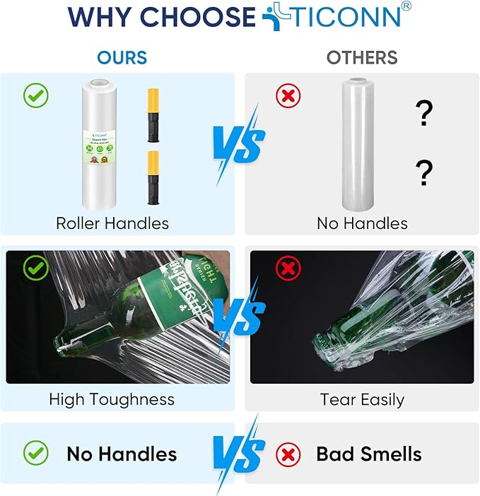 TICONN Stretch Wrap Stretch Film Roll, 1000ft Industrial Strength 15 inch Wide Clear Plastic Wrap with Handles for Pallet Wrapping Shipping Moving